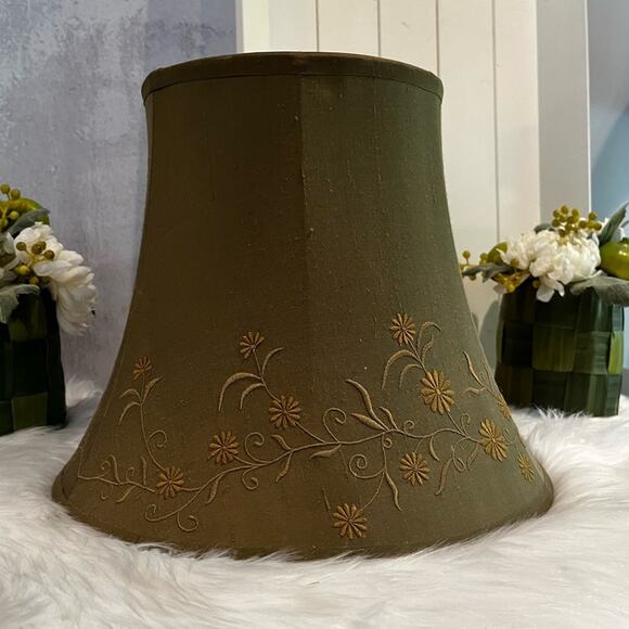 NEW Pottery Barn Silk Classic Bell Lampshade Floral Embroidered Lichen Gree… - Picture 1 of 12